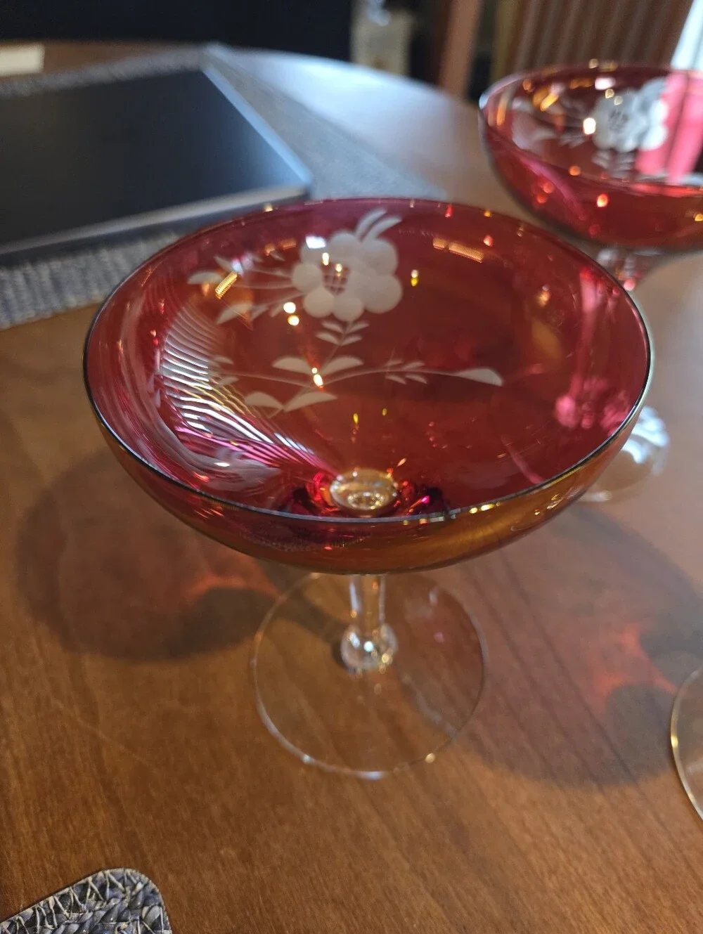 Vintage Cranberry Cut To Clear Bohemian Cutwork Coup Glasses (3)
